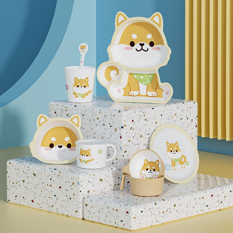 希尔卡通儿童餐盘餐具哈士奇柴犬辅食碗饭碗小碗水杯碗碟水杯勺子