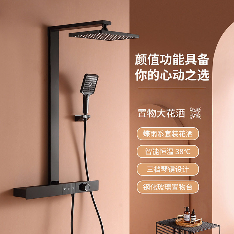 枪灰按键恒温花洒浴室加长大置物台飞雨压明装家用洗澡淋浴套装,家装主材,普通花洒套装,淘宝优惠券,粉丝福利购,淘宝优惠卷