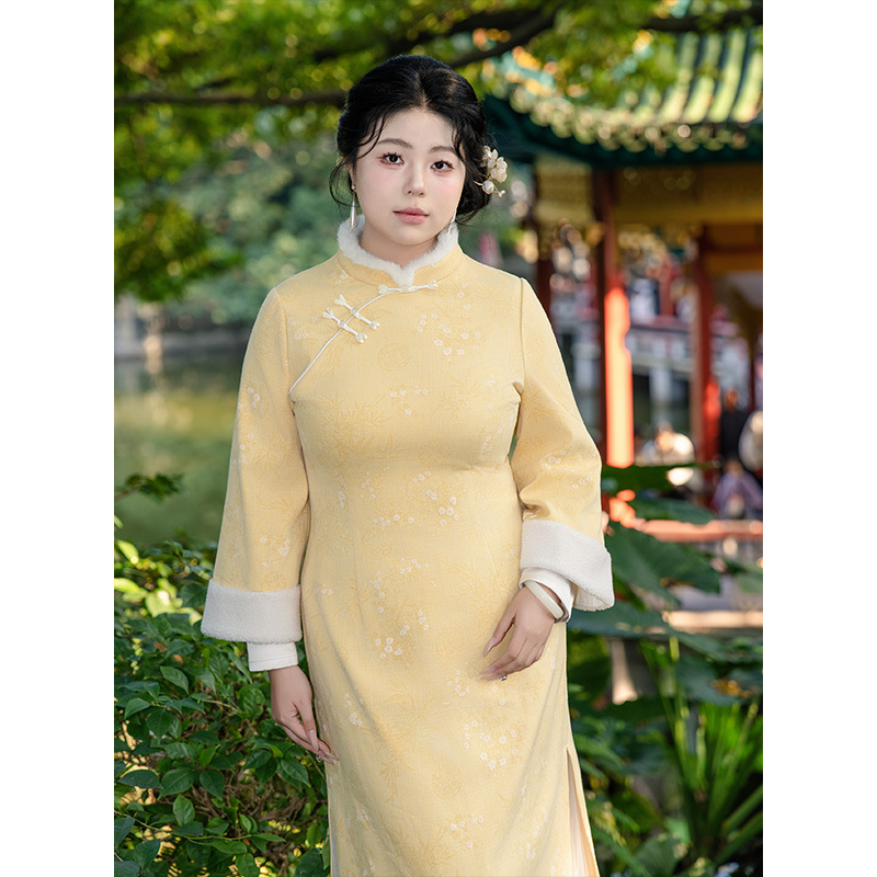 气质国风新中式连衣裙2025冬季新款加厚改良年轻款素雅大码旗袍潮