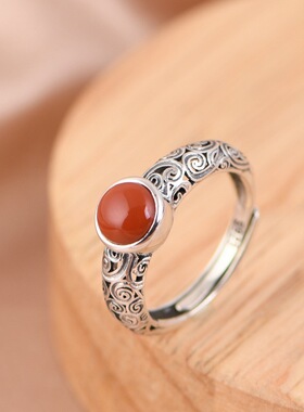 复古做旧可调节镂空银戒指玛瑙女