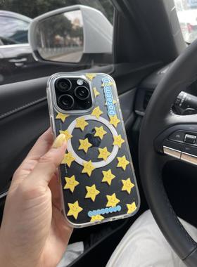 满屏黄色星星适用苹果15promax手机壳17 16透明磁吸壳ai按键 13pro