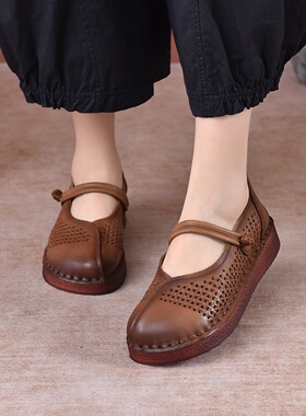 木森鸟26夏款民族风小牛皮圆头V鞋口魔术贴软底鞋轻便休闲镂空鞋