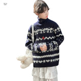 女童加厚领毛衣2025年秋冬新款中大童蝴蝶结针织衫韩系撞色上衣，童装毛衣，祺儿童装