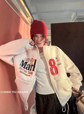 正品现货FISHYU冬季新款美式复古赛车风做旧龟裂印花加绒卫衣外套