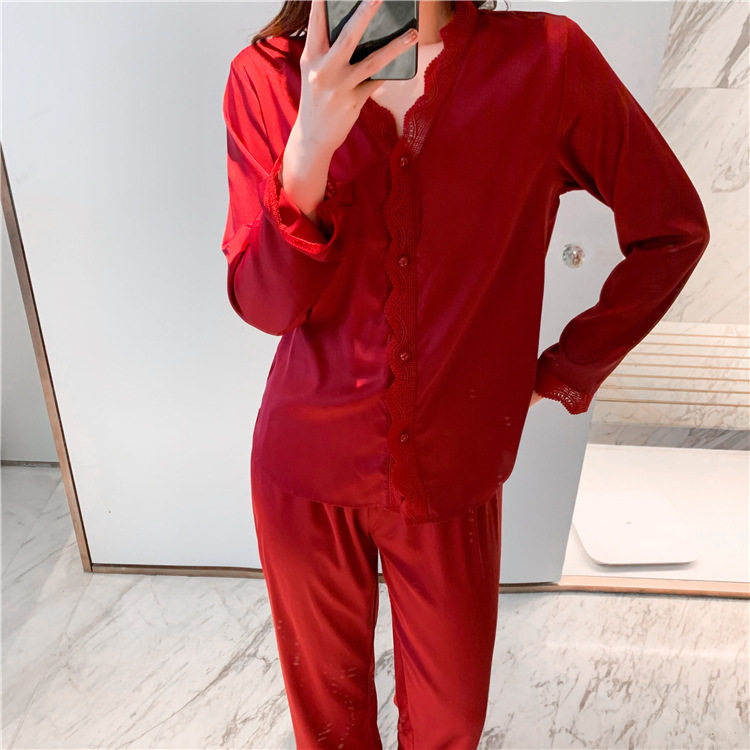 春季新款女士长袖长裤冰丝开衫睡衣家居服红色喜庆新娘结婚伴娘服