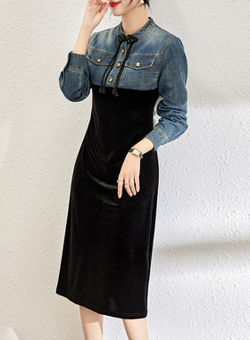 2401702-新款国风盘扣牛仔拼接丝绒收腰显瘦连衣裙子女装优雅气质