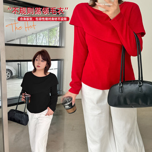 大码女装韩版气质新年红色设计感打底衫2026春本命年修身上衣潮流