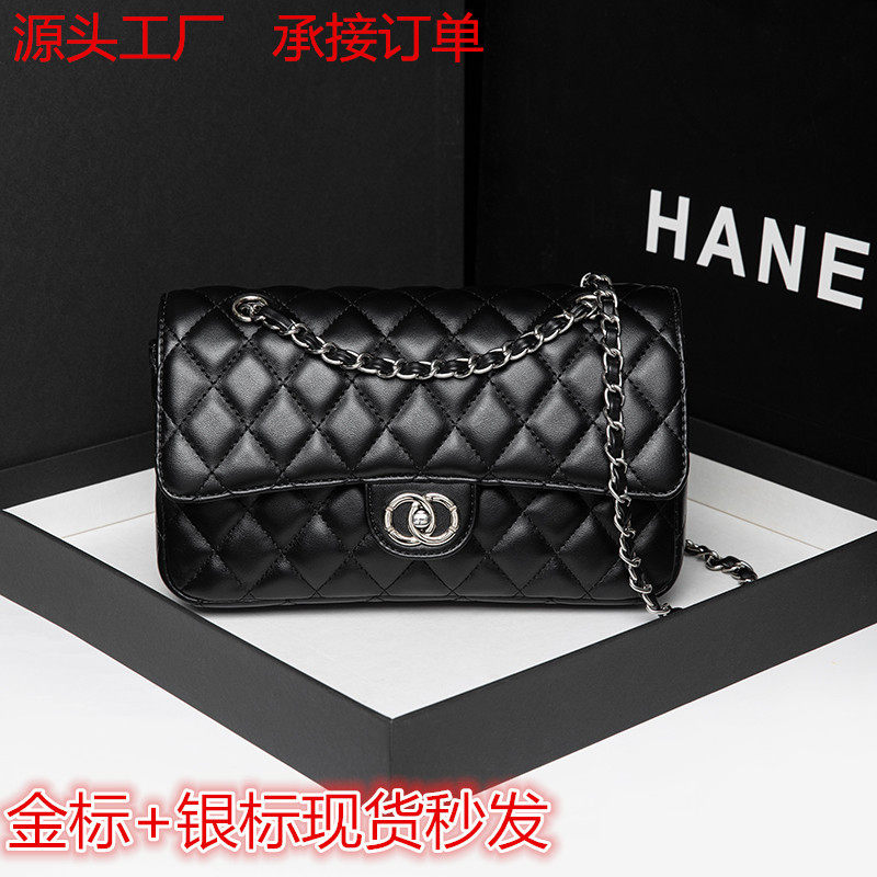 品牌CF羊皮纹银标金扣菱格链条纯色品质同款肩斜挎口盖包女包