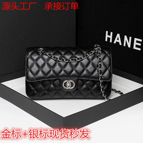 轻奢CF羊皮纹银标金扣菱格链条纯色品质同款肩斜挎口盖包女包