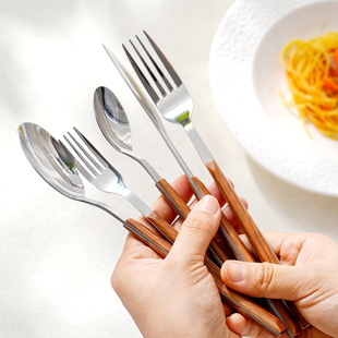 甜品叉勺西餐牛排刀叉Dinner Knife餐具仿木纹手柄不锈钢刀叉勺子