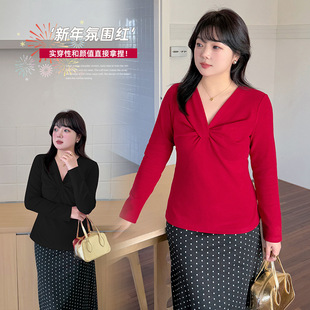 大码女装韩版气质显白新年红色打底衫2025秋季新款德绒软糯上衣潮