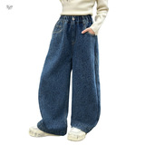 女童加绒豹纹牛仔裤2025年秋冬新款中大童拼接阔腿裤时髦直筒长裤，童装裤子，祺儿童装