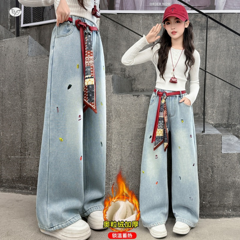 女童牛仔裤2025年秋冬加绒新款中大儿童绣花阔腿裤休闲直筒裤长裤，童装裤子，祺儿童装