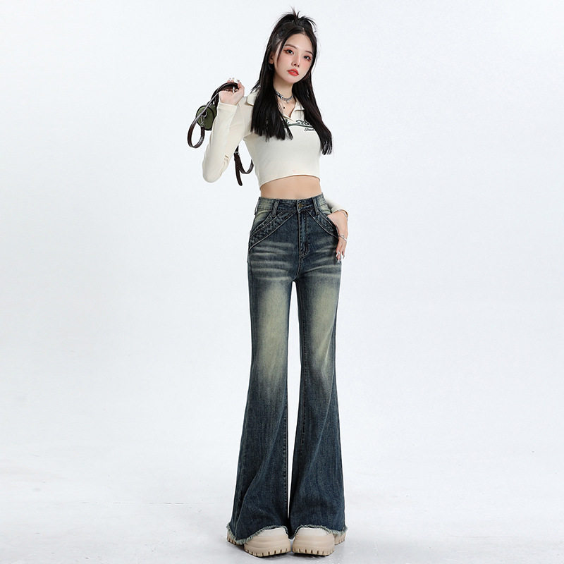 微喇牛仔裤秋冬女2024腰显瘦辣妹长款黑色毛边喇叭拖地裤百搭