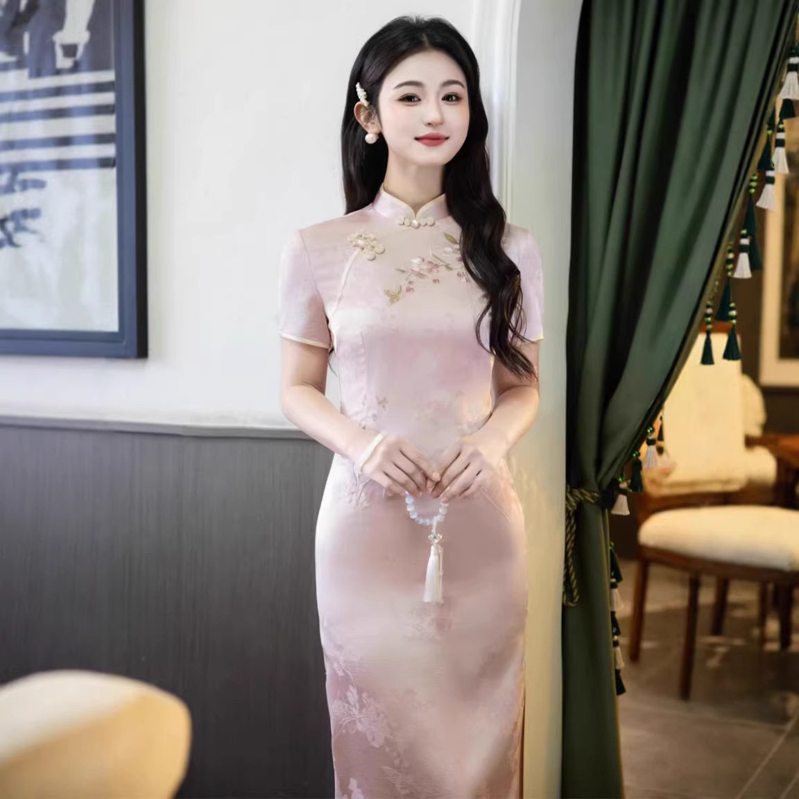 2026春夏新款旗袍仿醋酸提花刺绣长款双层旗袍粉色印花少女连衣裙