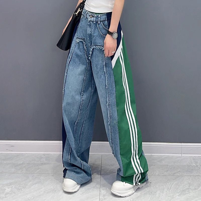 欧货街头撞色拼接牛仔裤女夏季新款宽松显瘦时尚洋气直筒阔脚裤子