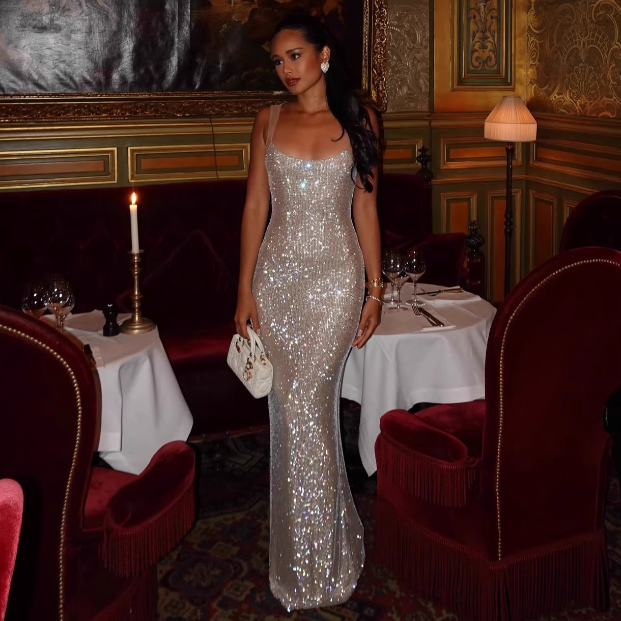 晚礼服新款法式烫钻吊带连衣裙端轻奢晚礼服年会party露背长裙