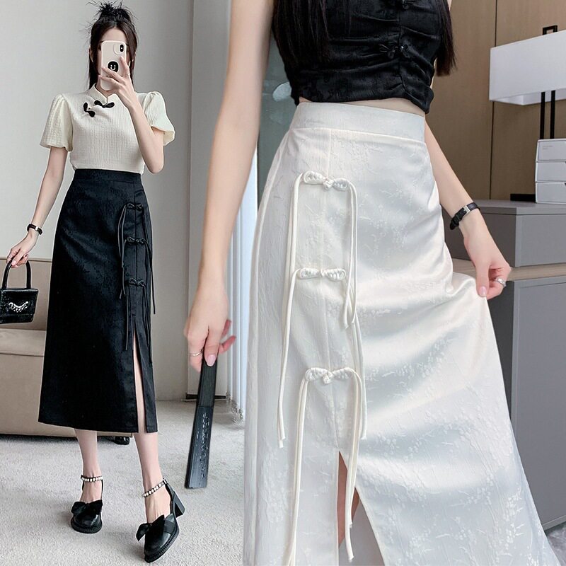 白色新中式国风直筒半身裙女春秋新款腰显瘦开叉a字中长款裙子