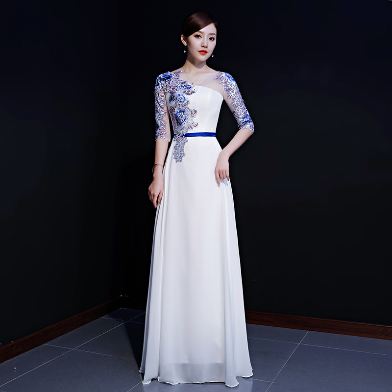 2025新款大合唱夏季薄演出服女长裙朗诵主持气质连衣裙宴会晚礼服