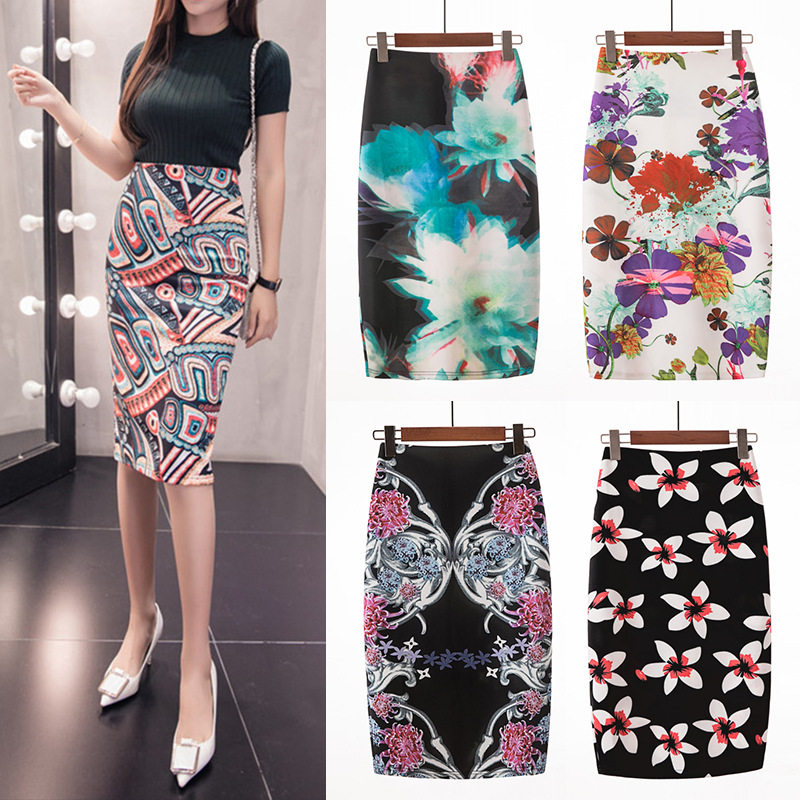 数码印花一步半身包臀裙 women summer temperament pencil skirt图片