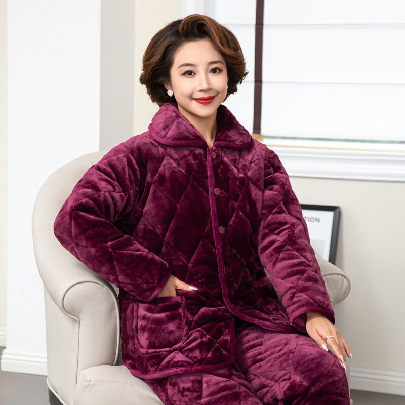 中老年三层加厚夹棉保暖睡衣冬季女士法兰绒套装家居服妈妈装棉衣