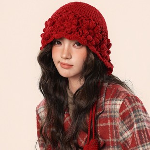 韩版毛线帽洋气百搭花朵编制女套头帽户外护耳保暖时尚潮流帽子
