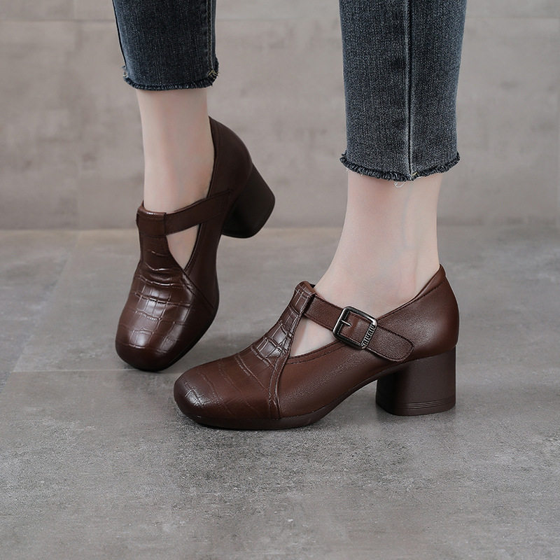 头层牛皮春夏季新款透气正装商务休闲软底女鞋软面气质粗高跟单鞋