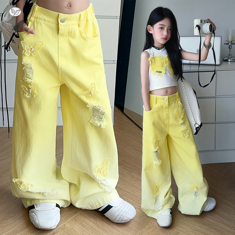 女童夏装贴布蝴蝶结无袖上衣蝴蝶裤套装2025新款中大童阔腿裤洋气，童装休闲套装，祺儿童装