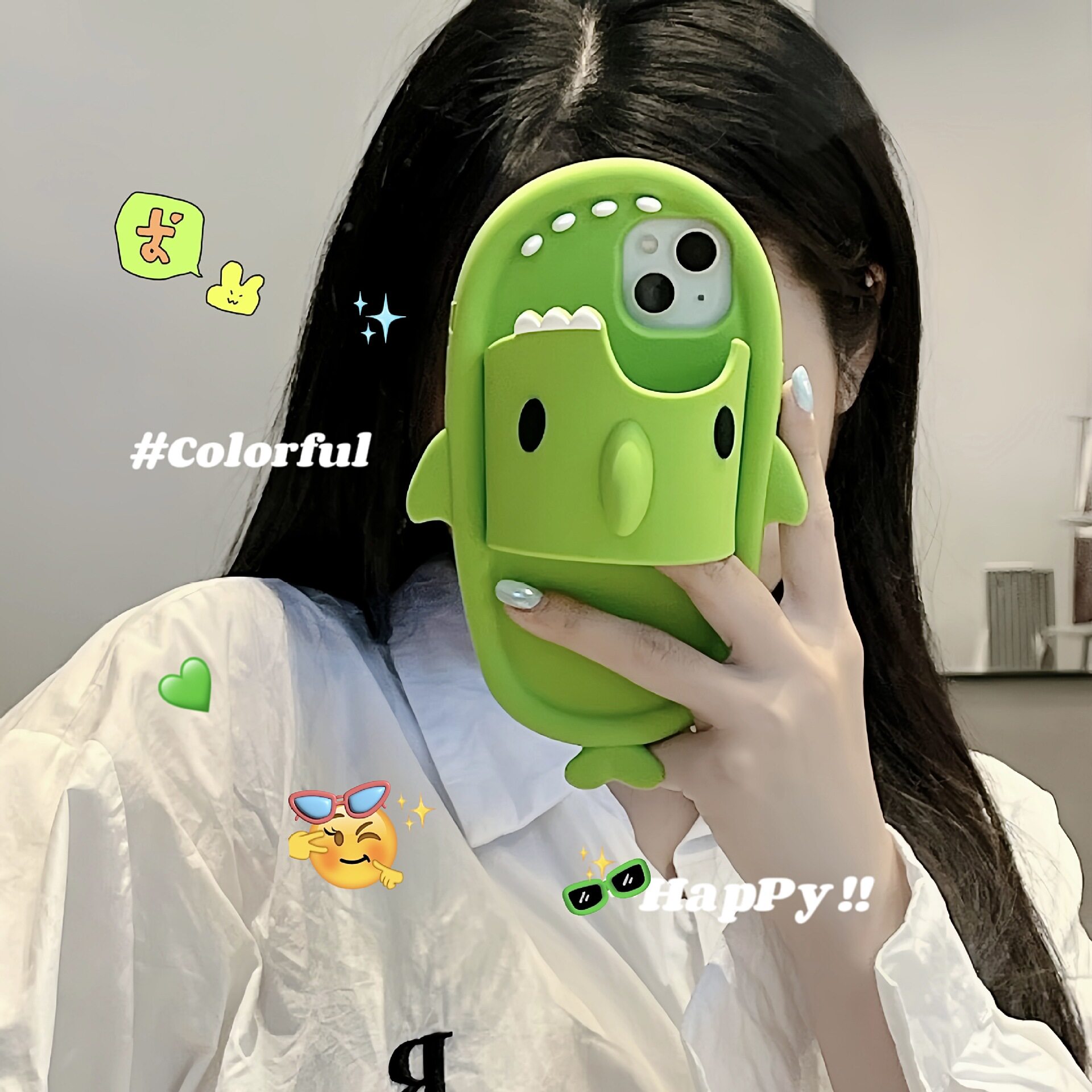 卡通可爱绿色鲨鱼拖鞋iPhone15苹果14适用12/13pro max手机壳防摔