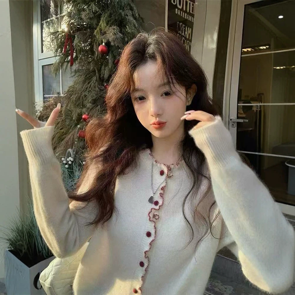 韩系白色木耳边针织开衫毛衣女早春级感气质宽松慵风懒上衣外套