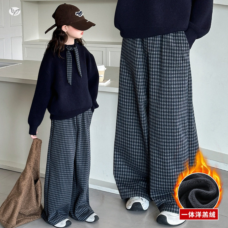 女童休闲格子裤加绒加厚2025年新款中大童阔腿裤直筒裤洋气拖地裤，童装裤子，祺儿童装