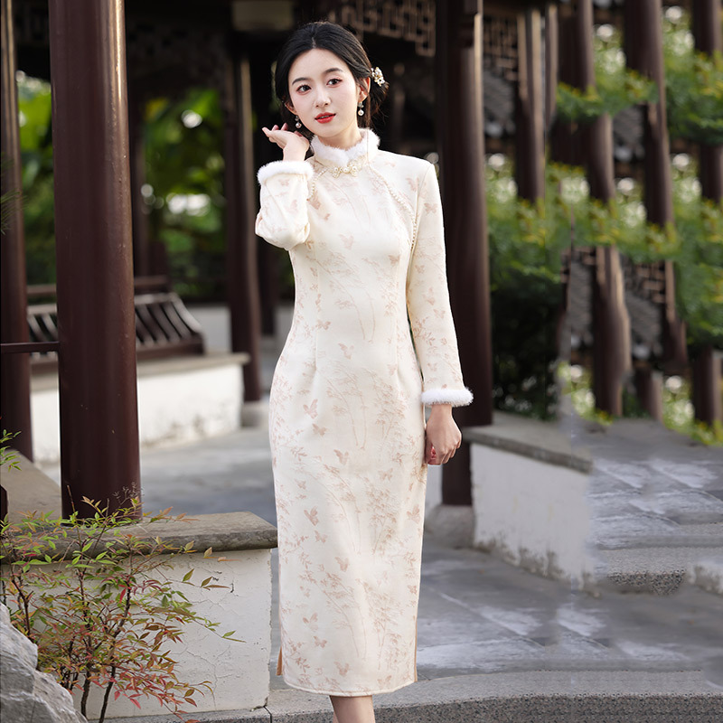 蕾丝加绒国风苏州长袖改良旗袍冬季厚款女新中式2025新款复古秋冬