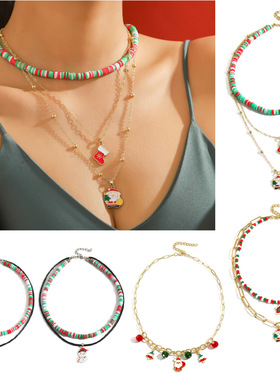 欧美热卖圣诞节项链 圣诞老人小雪人吊坠软陶米珠项链 圣诞节礼物