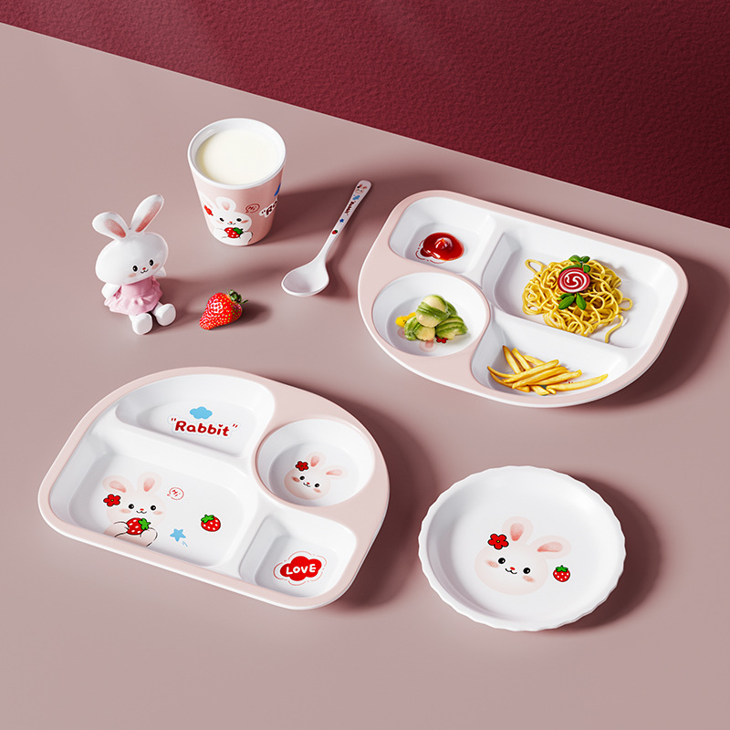 希尔小兔子密胺餐具儿童餐盘分格可爱卡通吃饭碗辅食碗勺杯