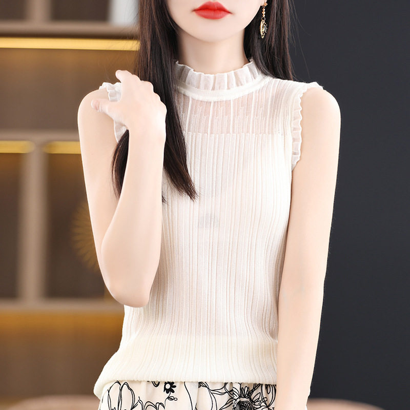 法式复古无袖背心蕾丝打底衫女内搭立领时髦时尚洋气羊毛衫针织衫