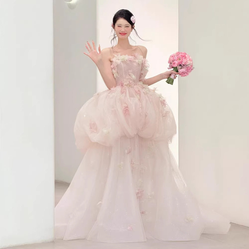 法式轻婚纱2026新款新娘一字肩仙气飘逸蓬蓬纱年会晚礼服厂家货源