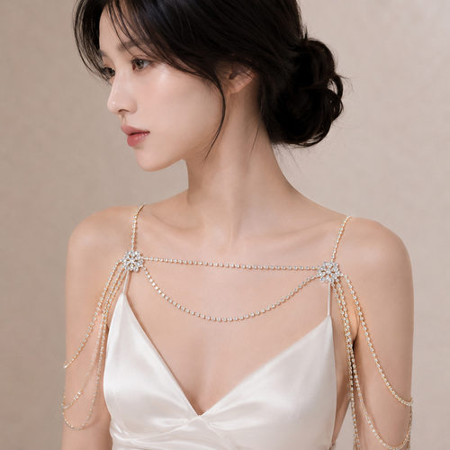 欧美新娘婚礼镶钻花朵肩饰级感宴会婚纱礼服多层流苏身体链胸链