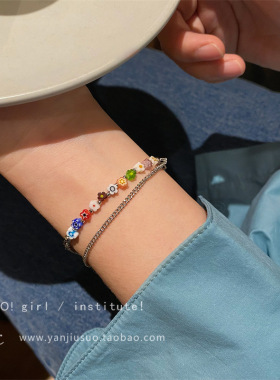 2022年新款彩色琉璃小花朵手链小众设计手串女生闺蜜简约双层手饰