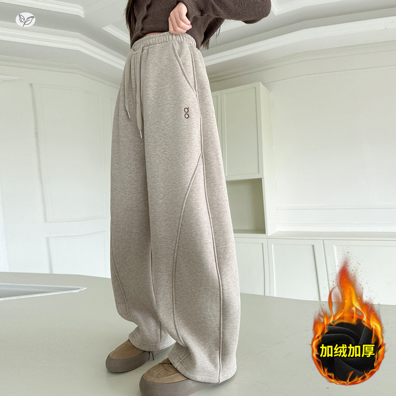 女童2025年冬季新款字母刺绣加绒弯刀裤女大童户外保暖拼接休闲裤，童装裤子，祺儿童装