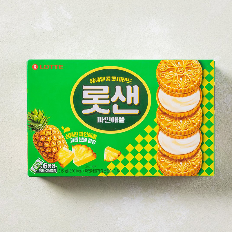 韩国进口乐天夹心饼干315g菠萝味盒装早餐办公休闲小零食品代餐