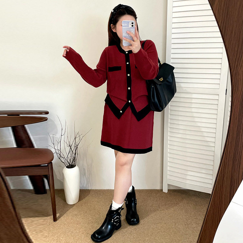 大码气质级感小香套装25秋胖mm撞色针织衫女半裙两件套22690