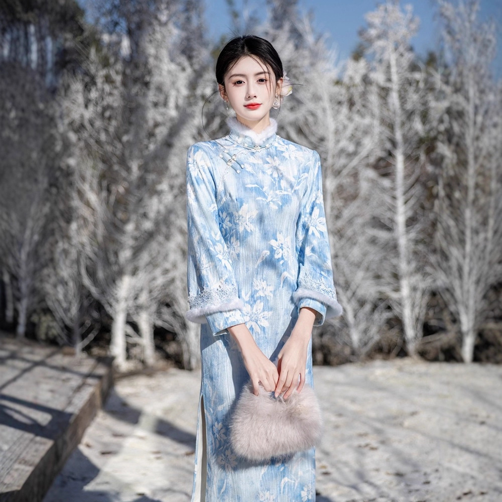 蓝色国风新中式冬季长袖旗袍2025新款年轻款女复古修身收腰秋冬装
