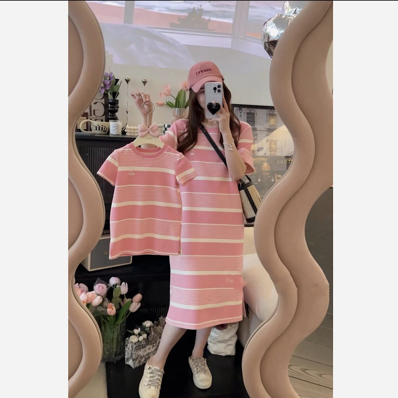 2023女童夏款韩版粉色卫衣裙亲子装母女装条纹连衣裙舒适炸街时尚