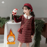 女童小香风连衣裙加绒2025年冬季新款中小儿童娃娃领公主裙新年服，童装连衣裙，祺儿童装