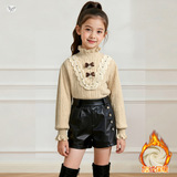 女童百搭打底衫2025年秋冬新款加绒镶钻花边上衣长袖内搭中大童潮，童装外套，祺儿童装