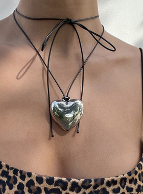 欧美跨境饰品抽拉可调节蜡线choker项饰简约合金大爱心吊坠项链