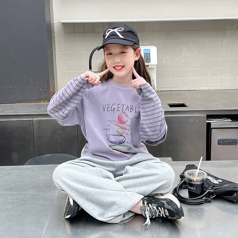 女童假两件长袖t恤儿童洋气宽松上衣大童打底衫2026春秋装新款