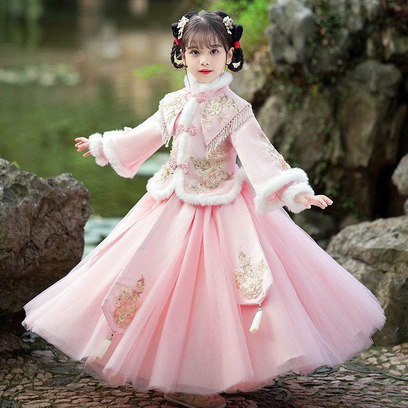 秋冬季新款女童时尚汉服连衣裙套装a中大儿童女孩旗袍唐装两件套