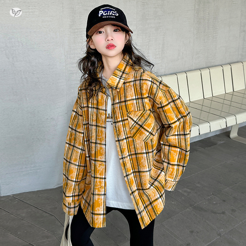 女童长袖衬衫2025春秋新款女大童装黄色格子衬衣复古秋款外套防晒，童装衬衫，祺儿童装