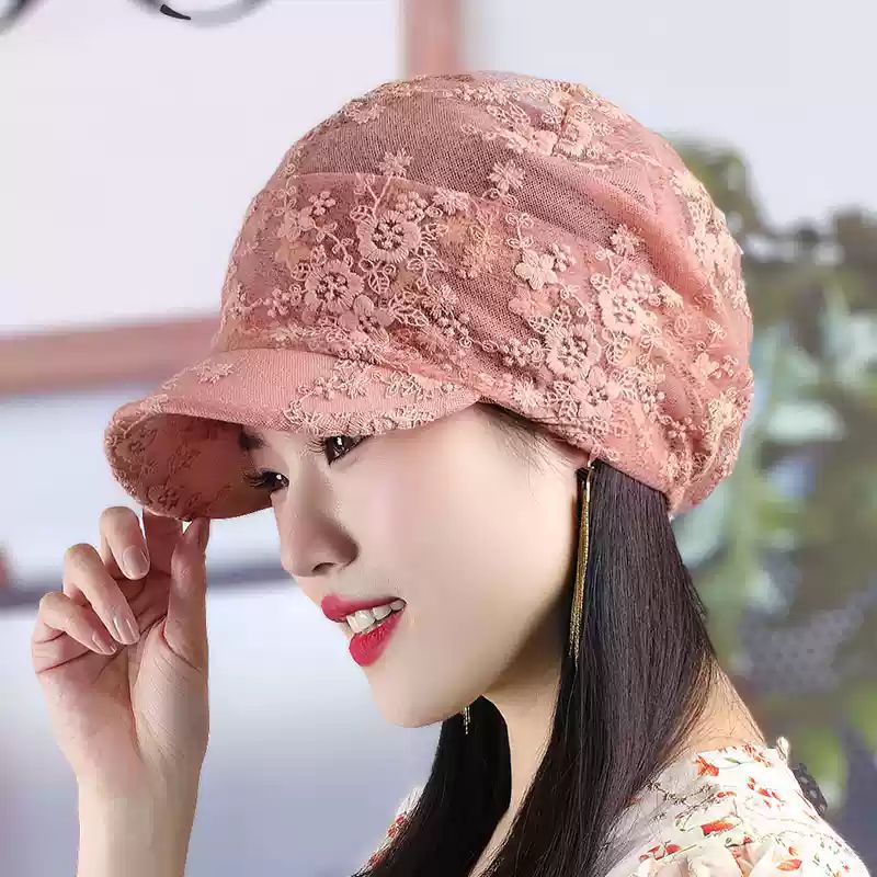 新款春夏蕾丝网纱套头帽子带帽檐包头帽鸭舌薄款贝雷帽光头女士